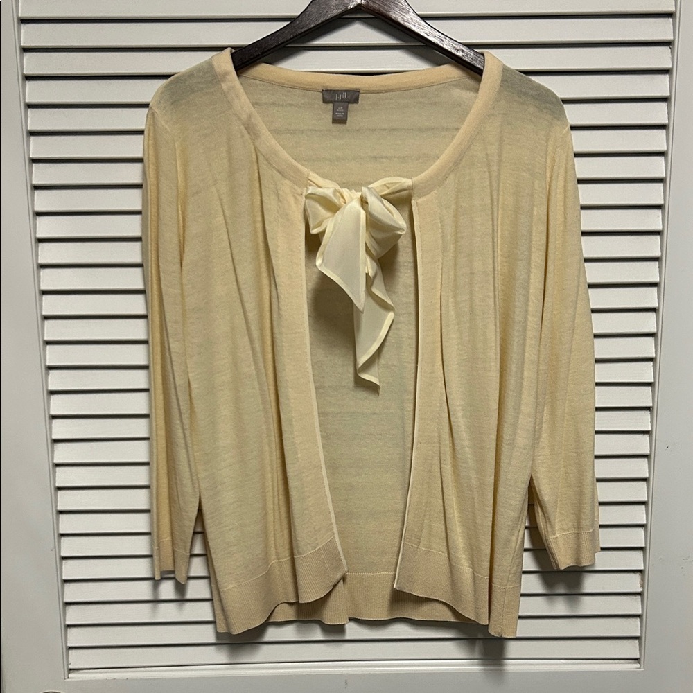 J Jill Silk Open Front Cream Cardigan with Bow Tie Front